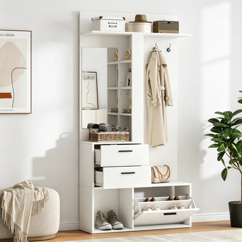 Mobile ingresso con 2 cassetti; 3 ganci e specchio - per ingresso - 90×30×180 cm - bianco