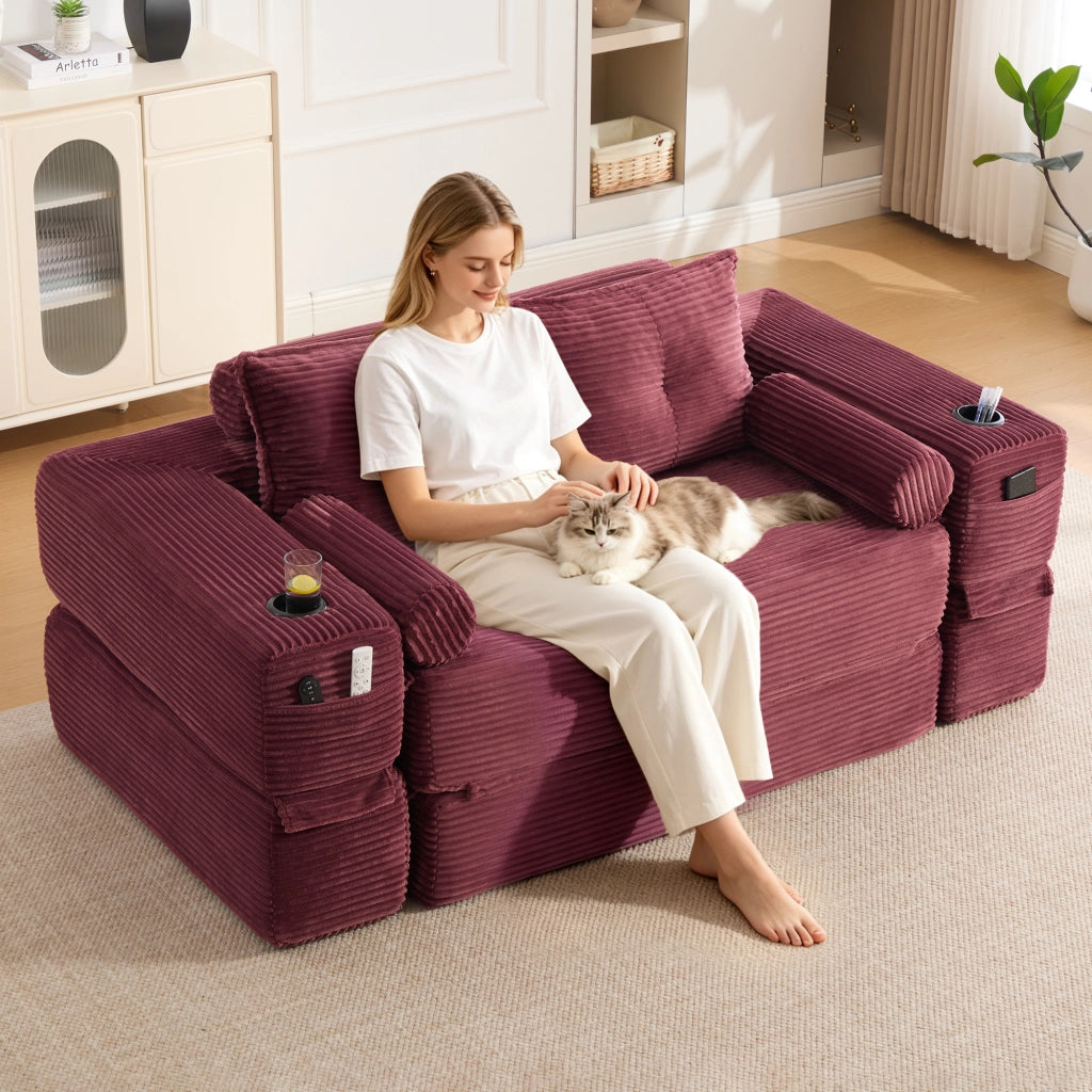 Divano letto in velluto a coste con cuscini memory, tasche laterali e portabicchieri, vino rosso 180 × 98 × 80 cm