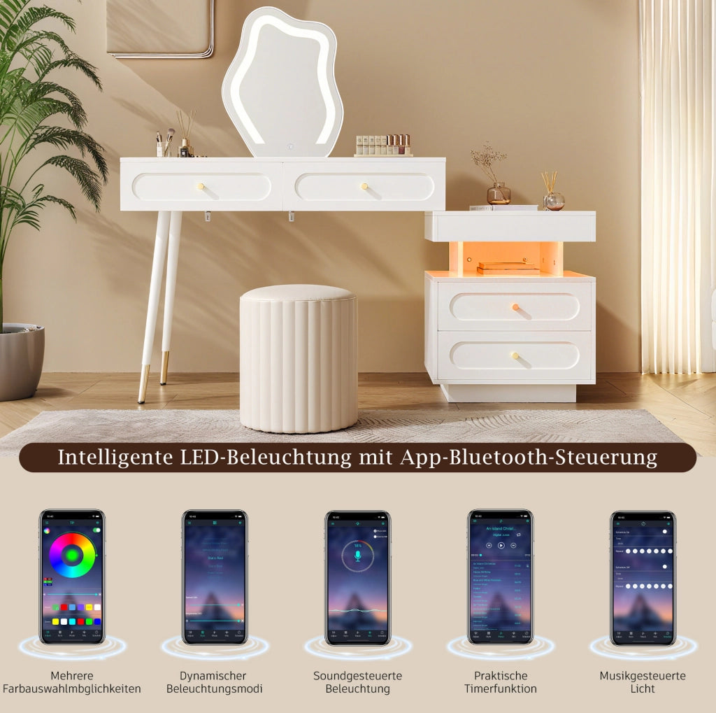 Toeletta bianca con specchio LED, 4 cassetti e mobile laterale