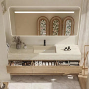Set mobile bagno sospeso effetto travertino con lavabo in pietra sinterizzata e specchio foro per rubinetto 120×55 cm