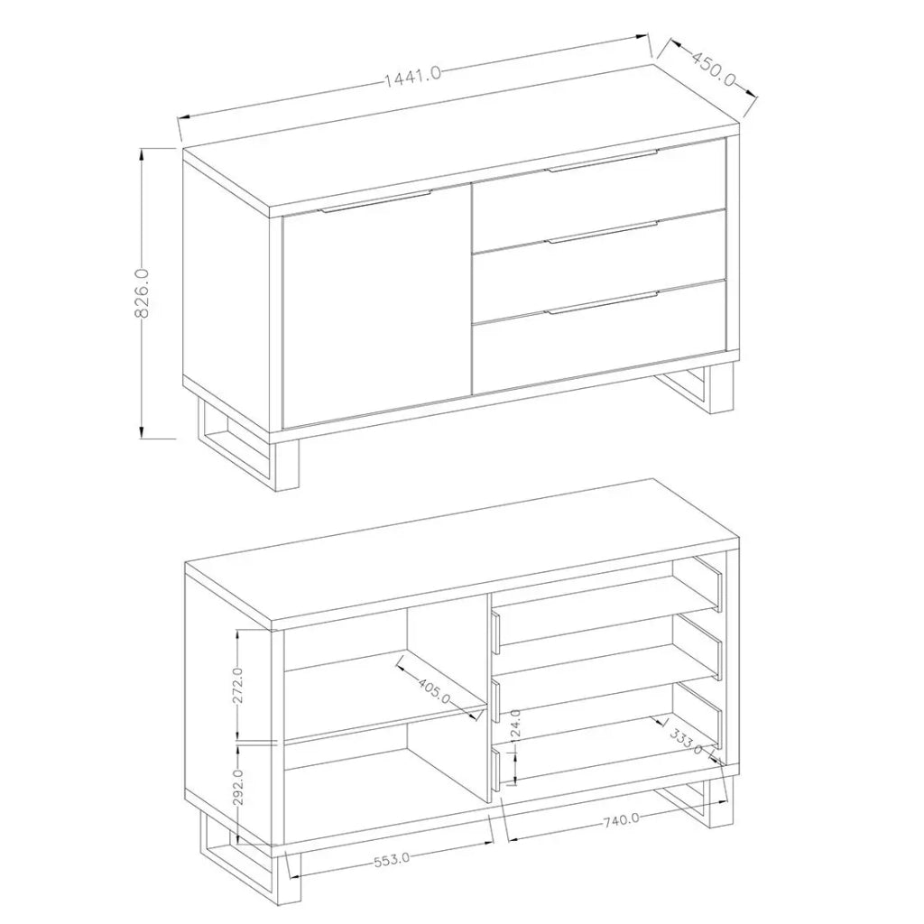 Buffet design 140cm. Collezione MILO una porta e tre cassetti. Colore rovere.