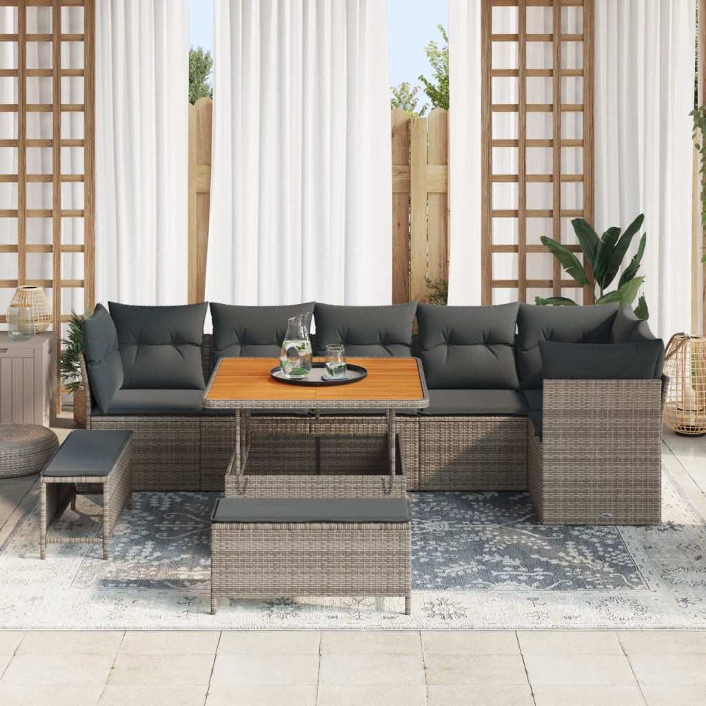 Set di divani da giardino  da 9 pezzi con cuscini grigi in rattan polimero e acacia