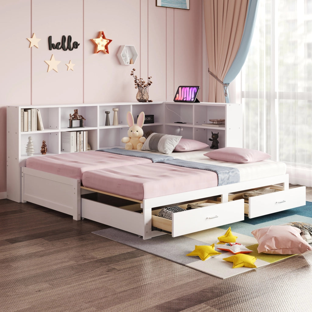 Letto singolo estraibile in legno con contenitore e prese, bianco 90/180x190 cm
