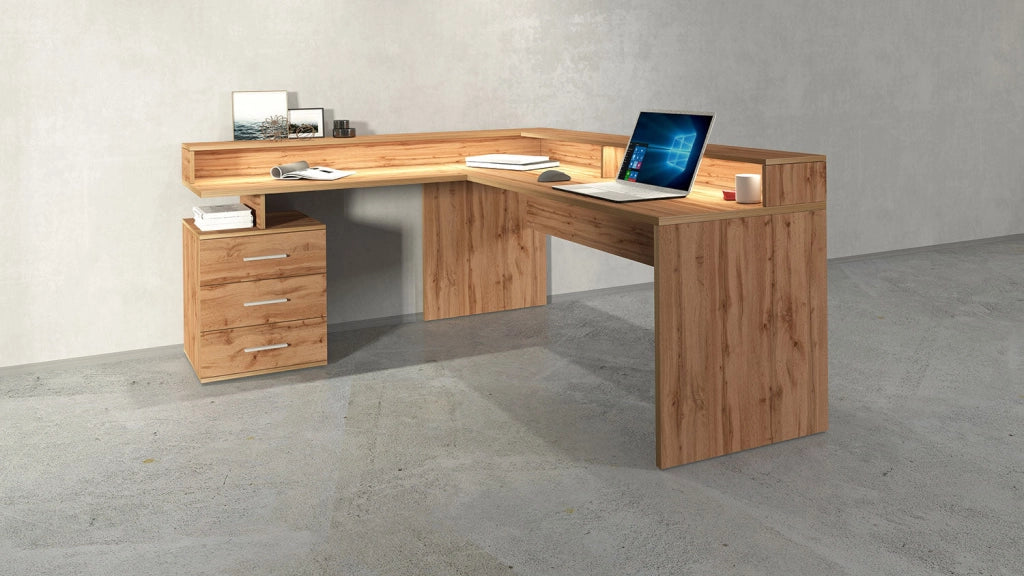 Scrivania Angolare 3 Cassetti e Ripiani a Giorno 180/160x60x90 cm New Selina Rovere Wotan