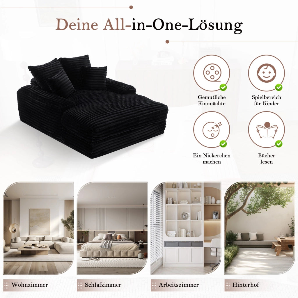 CHAISE LONGUE 175x137x63 cm in velluto a coste nero, 4 cuscini rimovibili