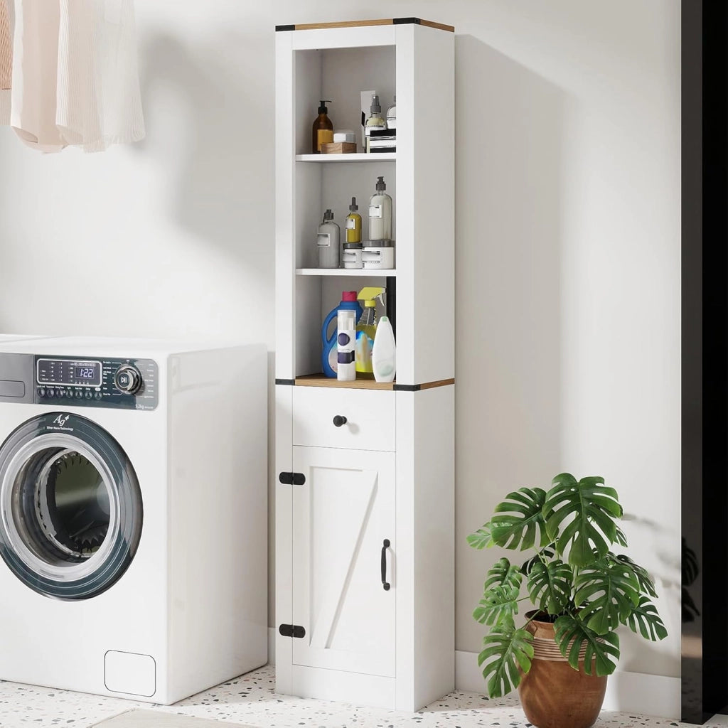 Mobile bagno, colonna bagno con cassetto scorrevole, ripiano regolabile e 3 scomparti aperti, armadio portaoggetti stretto per soggiorno, lavanderia, cucina, bianco