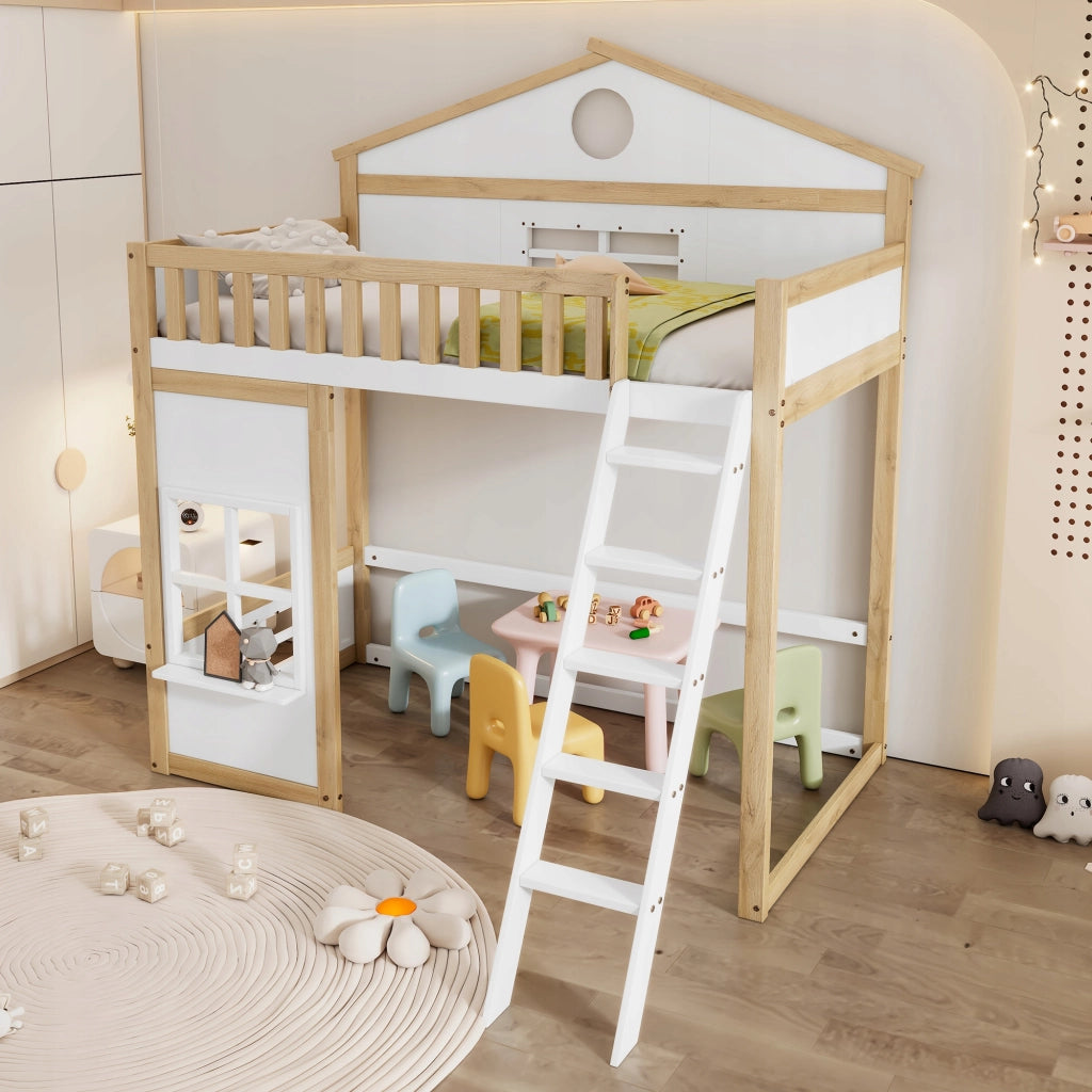 Letto a castello con tetto - Xylo - 90x200 - Bianco+Legno