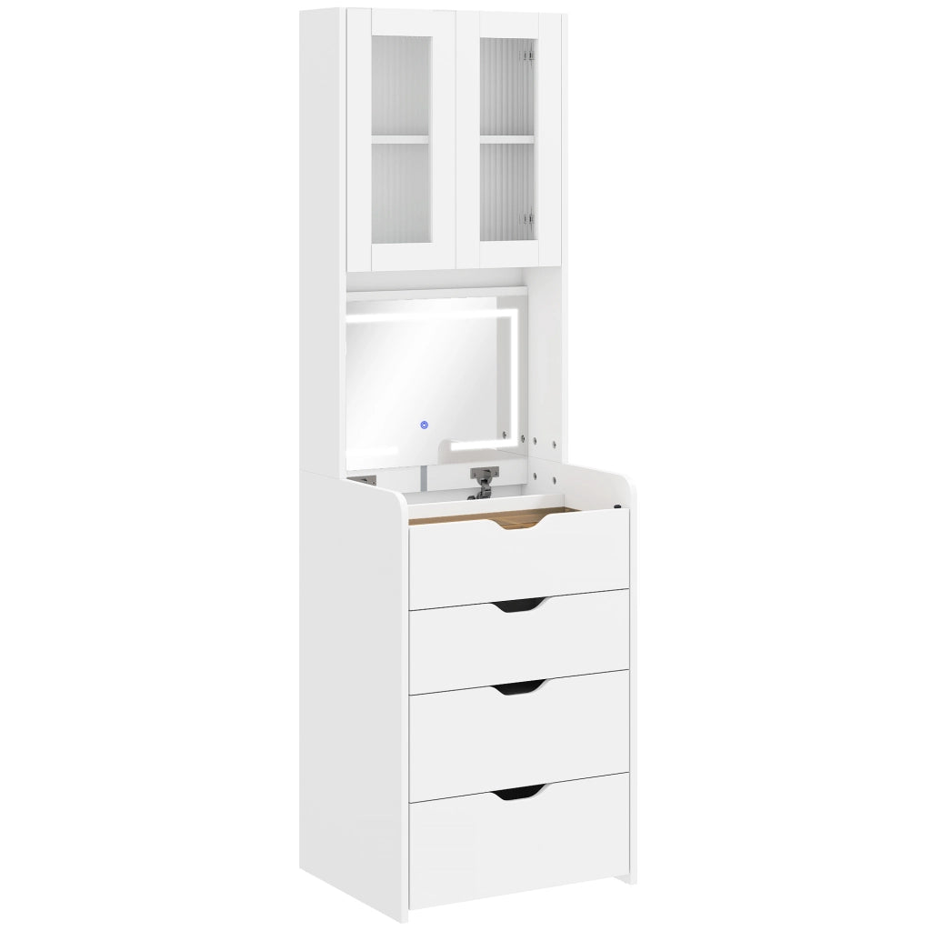 Toeletta Trucco con Specchio Illuminato e Sgabello Luce Regolabile Cassetti e Armadietto in MDF Bianco