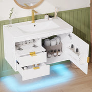 Mobile sottolavabo con LED e lavabo in ceramica, 2 cassetti e vano laterale, per bagno, bianco, 77 × 47 × 51 cm