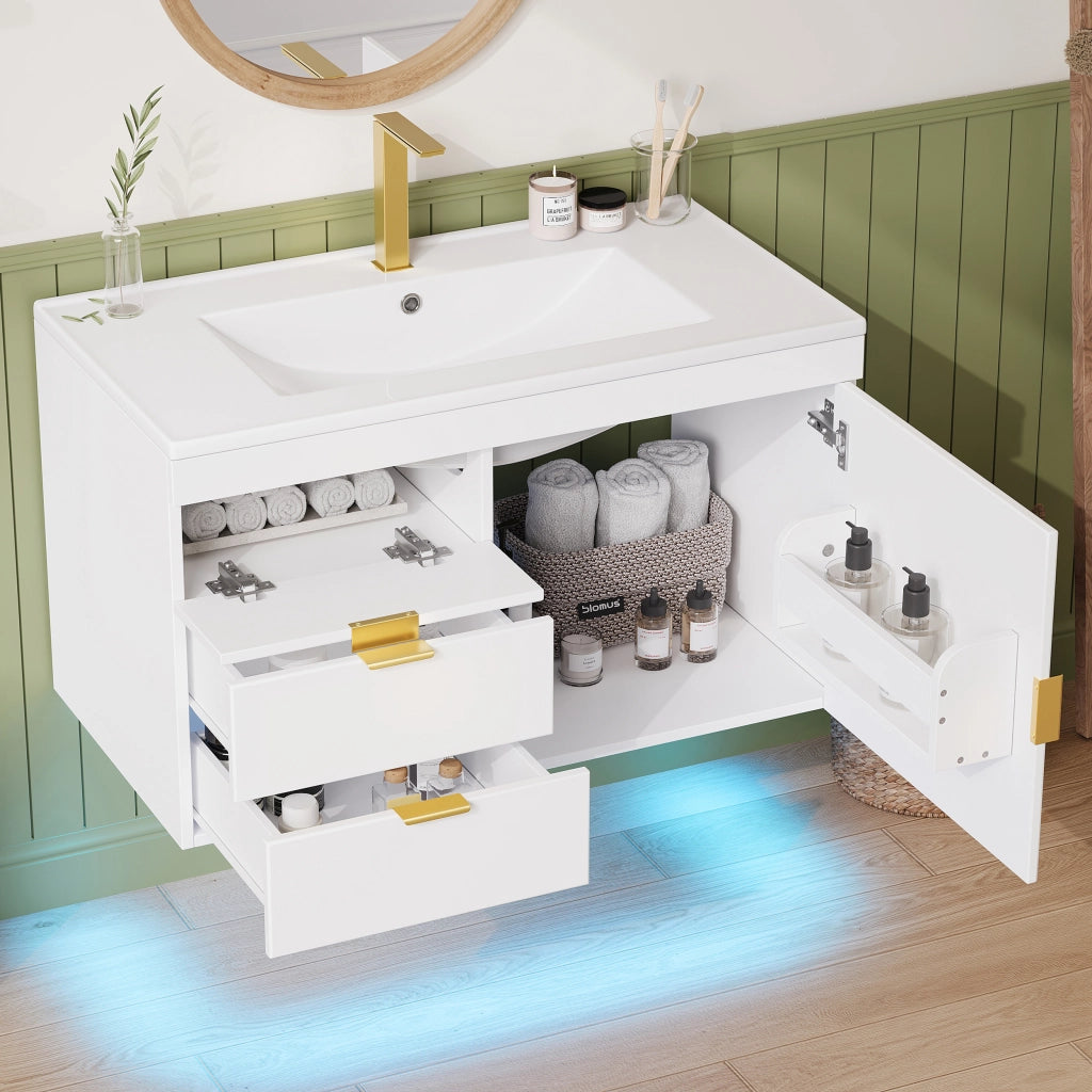 Mobile sottolavabo con LED e lavabo in ceramica, 2 cassetti e vano laterale, per bagno, bianco, 77 × 47 × 51 cm