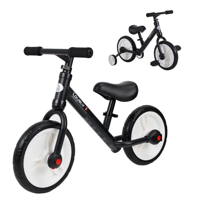 BICI SENZA PEDALI PER BAMBINI DA 2-5 ANNI CON SELLINO REGOLABILE, RUOTE AUSILIARIE E PEDALI, NERO