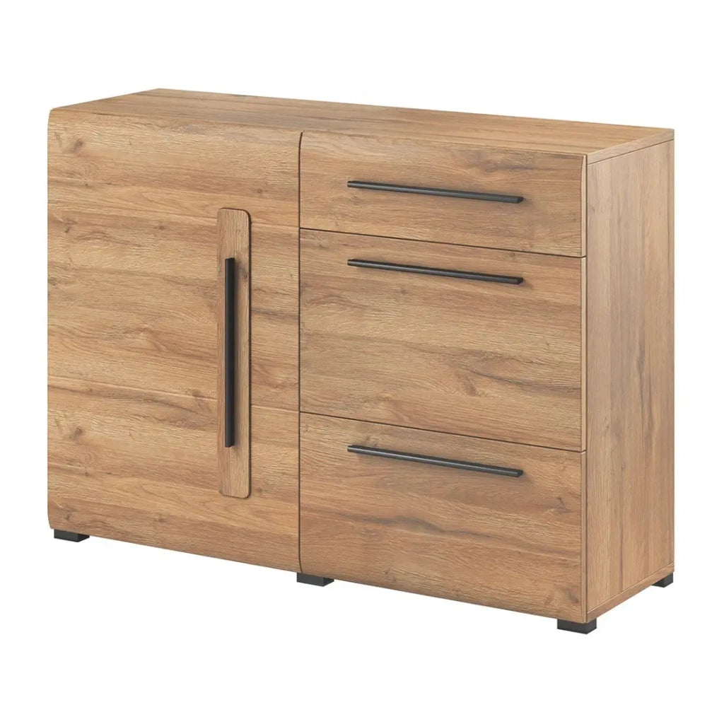 Buffet design 120cm. Collezione BREDA con una porta e tre cassetti. Colore rovere.