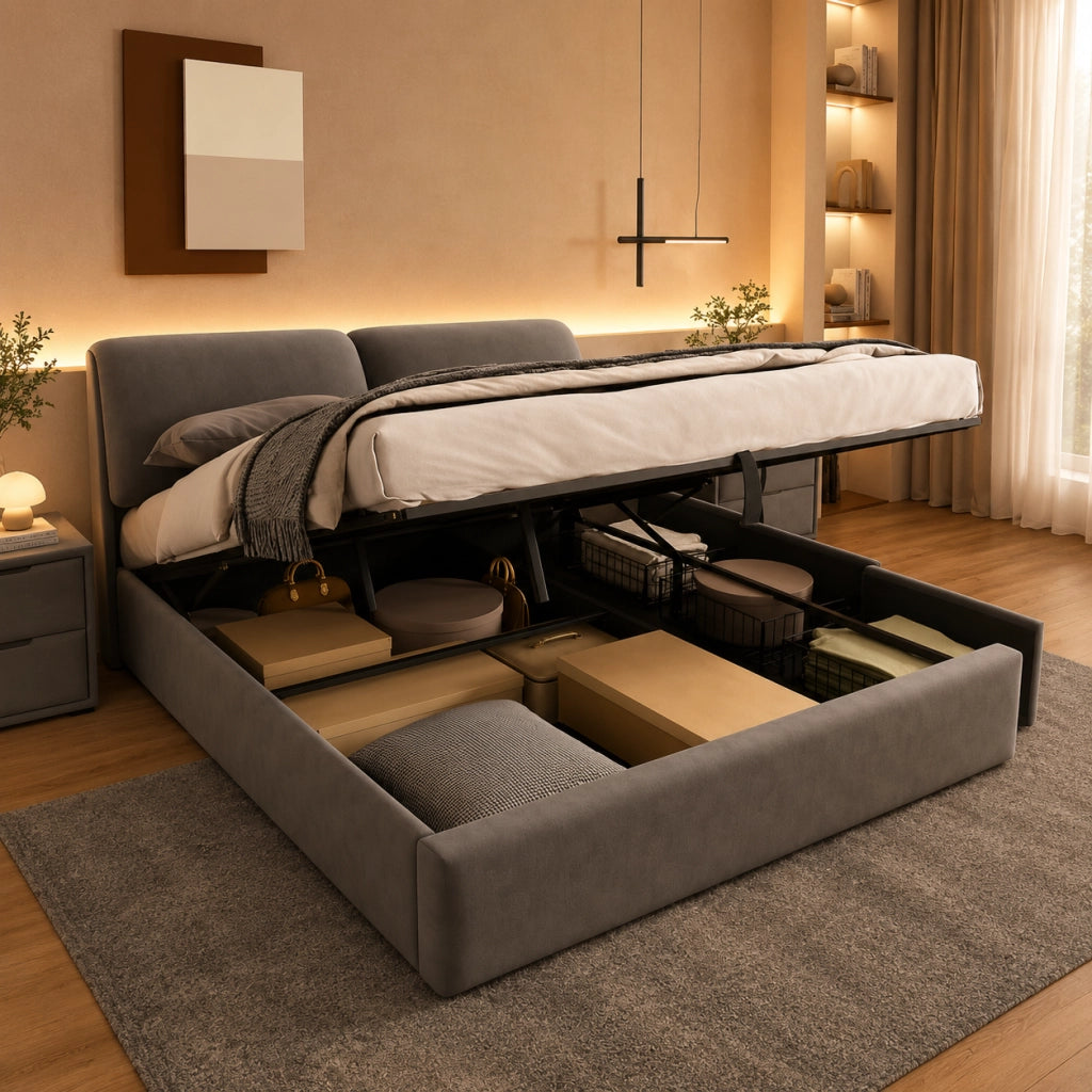 Letto contenitore 160x200 cm; letto matrimoniale con contenitore idraulico; 3 cassetti; rete a doghe e testiera; velluto; grigio
