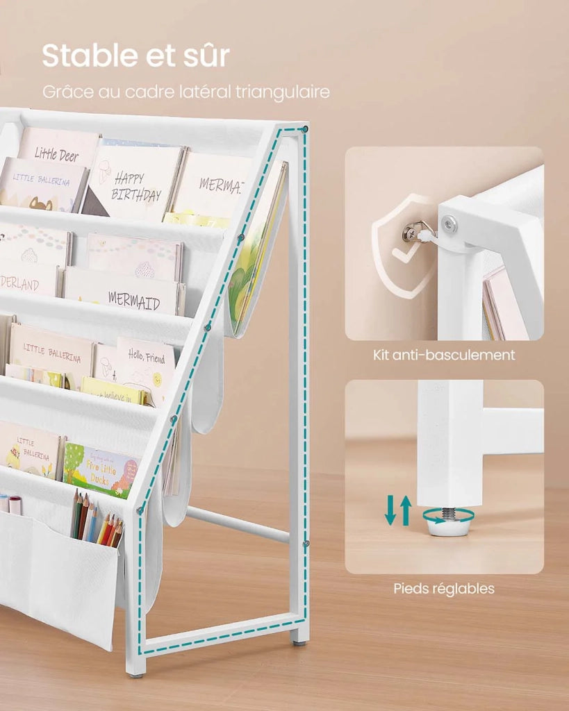 Libreria per bambini mobiletto porta giocattoli organizer per libri con tasca laterale 30 x 108,5 x 75 cm per cameretta o sala giochi bianco 12_0007992