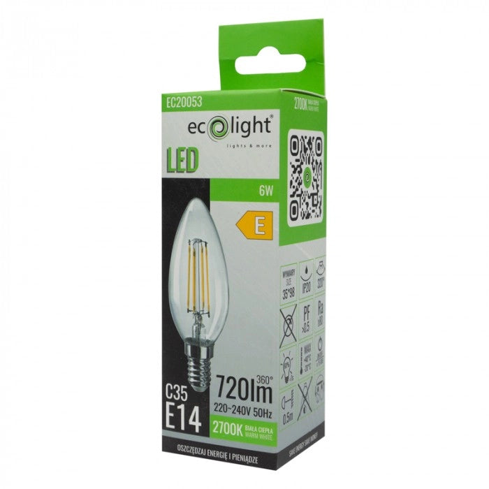 Lampadina LED Filamento Candela E14 6W 2700K 720lm Ecolight