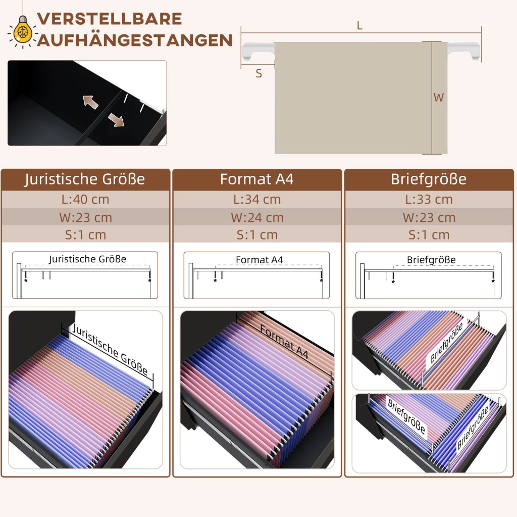 Cassettiera da ufficio mobile in acciaio con serratura e 3 cassetti, nera