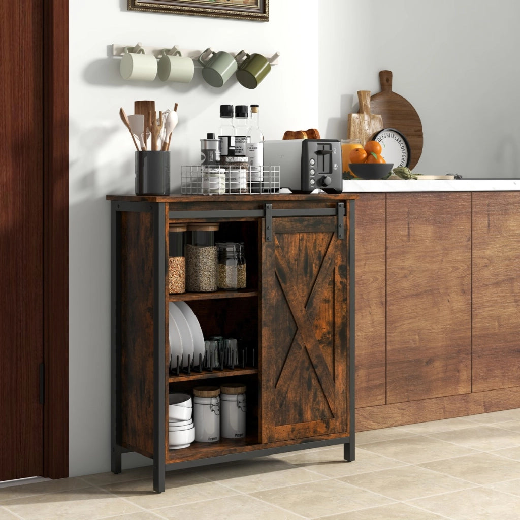 Mobile contenitore in stile rustico con anta scorrevole e ripiani regolabili, Credenza multiuso per cucina Marrone