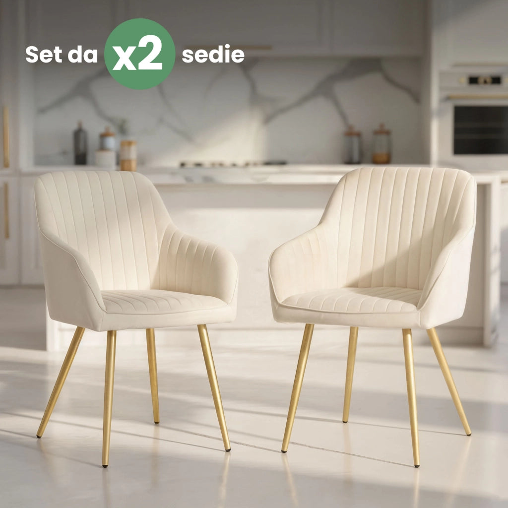 Set di 2 Sedie in velluto con cuciture verticali FLORENCE Crema gambe oro