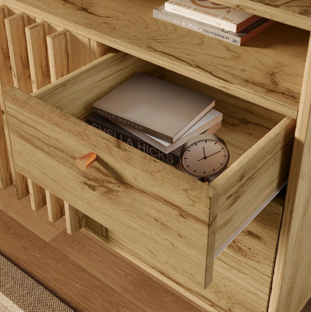 Credenza 120x40x85 cm con 3 cassetti; 2 ante e vano aperto in legno rovere scuro