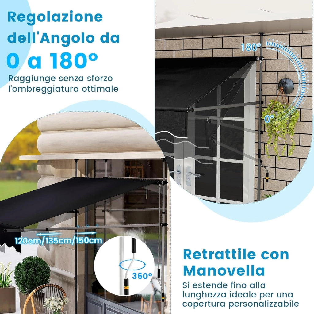 Tenda da Sole a Morsetto, Tenda per Balcone Senza Foratura Altezza e Inclinazione Regolabili con Manovella, Telo Impermeabile e Resistente ai Raggi Solari e Telaio Antiruggine (2M,Nero)