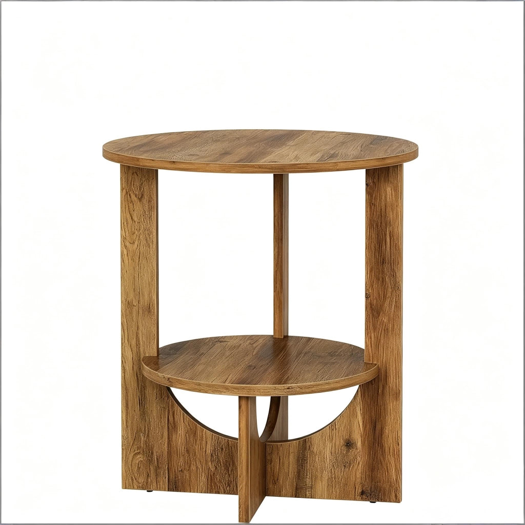 Tavolino fisso rotondo con 2 ripiani - per soggiorno - 50×50×65 cm - marrone rustico