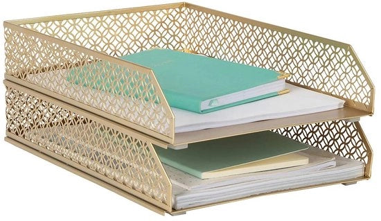 Organizzatore di Scrivania in Acciaio Blu Monaco Oro - Set di 2 Cassetti a Stacking - Cassettiera Metallica con Due Livelli - Cassetti da Posta per Scrivania