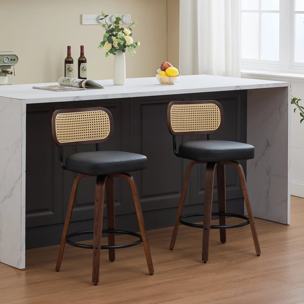 Set 2 Sgabelli da Bar ¨C MINIMAL ¨C Rattan, Seduta Imbottita, Girevoli, Noce/Nero, 66 cm