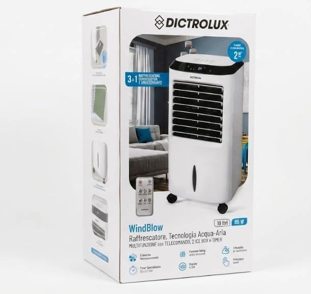 Raffrescatore Evaporativo Wind Blow 65 W con Telecomando, Display LED e Funzione Ionica