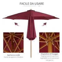 Ombrellone da Giardino 3x2.5 con Palo in Legno e 8 Stecche e Copertura in Poliestere Rosso Scuro