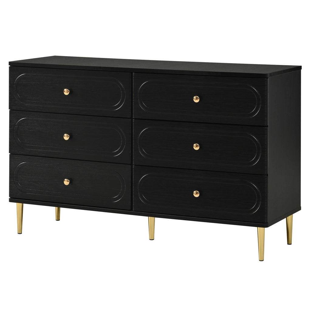 Credenza con 6 cassetti e piedi in metallo per soggiorno e ingresso, design con incisioni ovali, nero, 120 × 40 × 75 cm