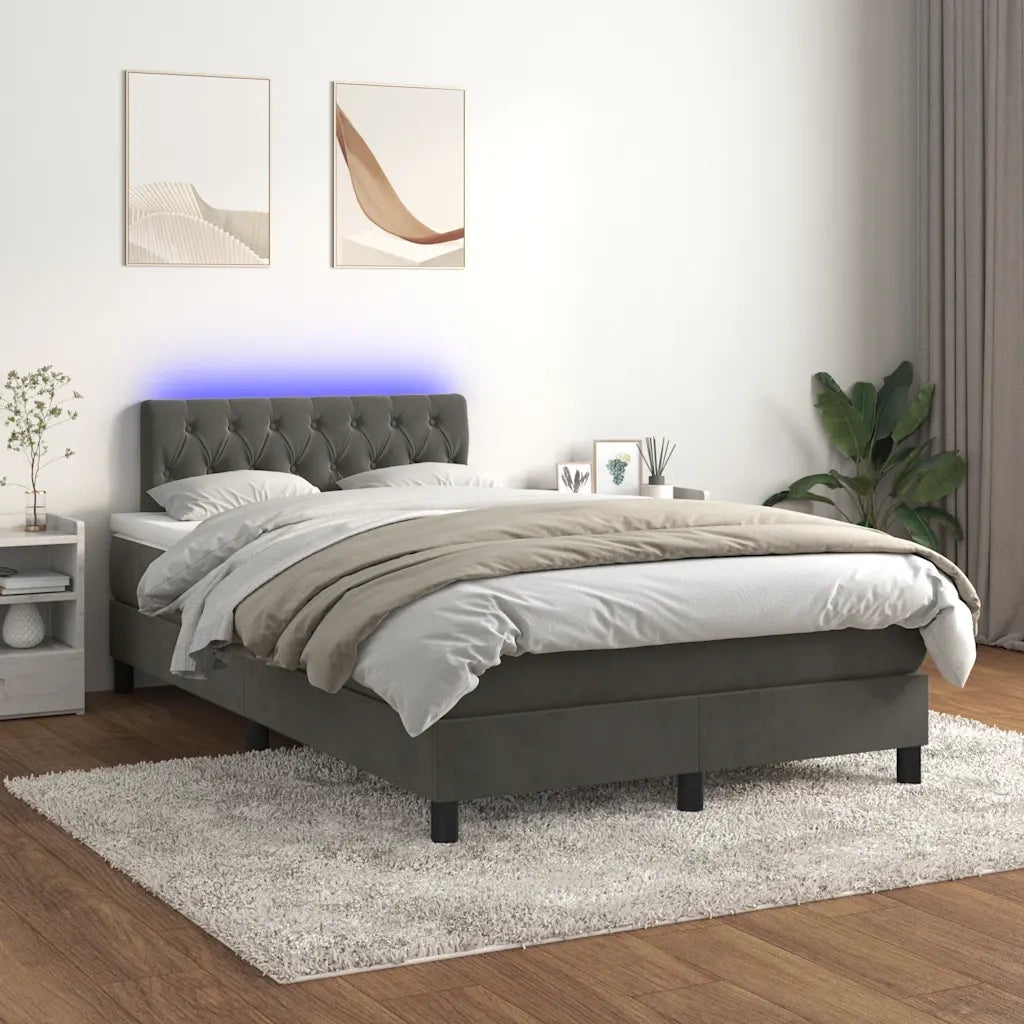 Letto a Molle con Materasso e LED Grigio Scuro 120x190cm in Velluto