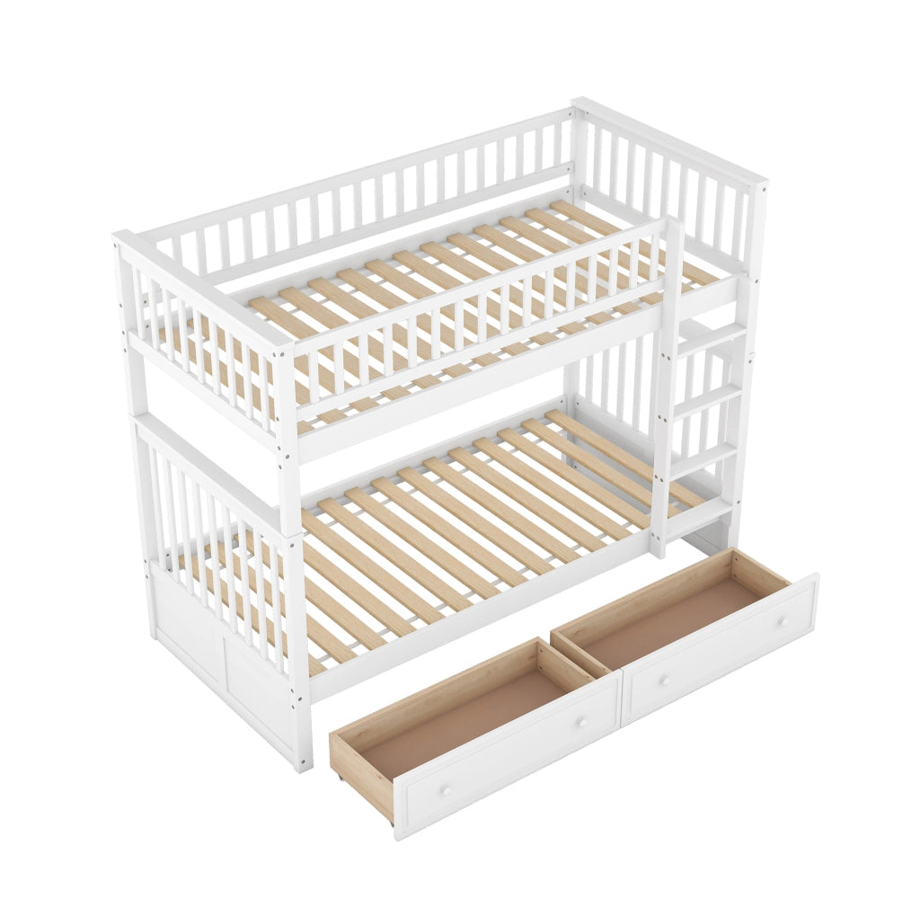 Letto a castello 90x200 cm convertibile in due letti; con 2 cassetti; pino; bianco