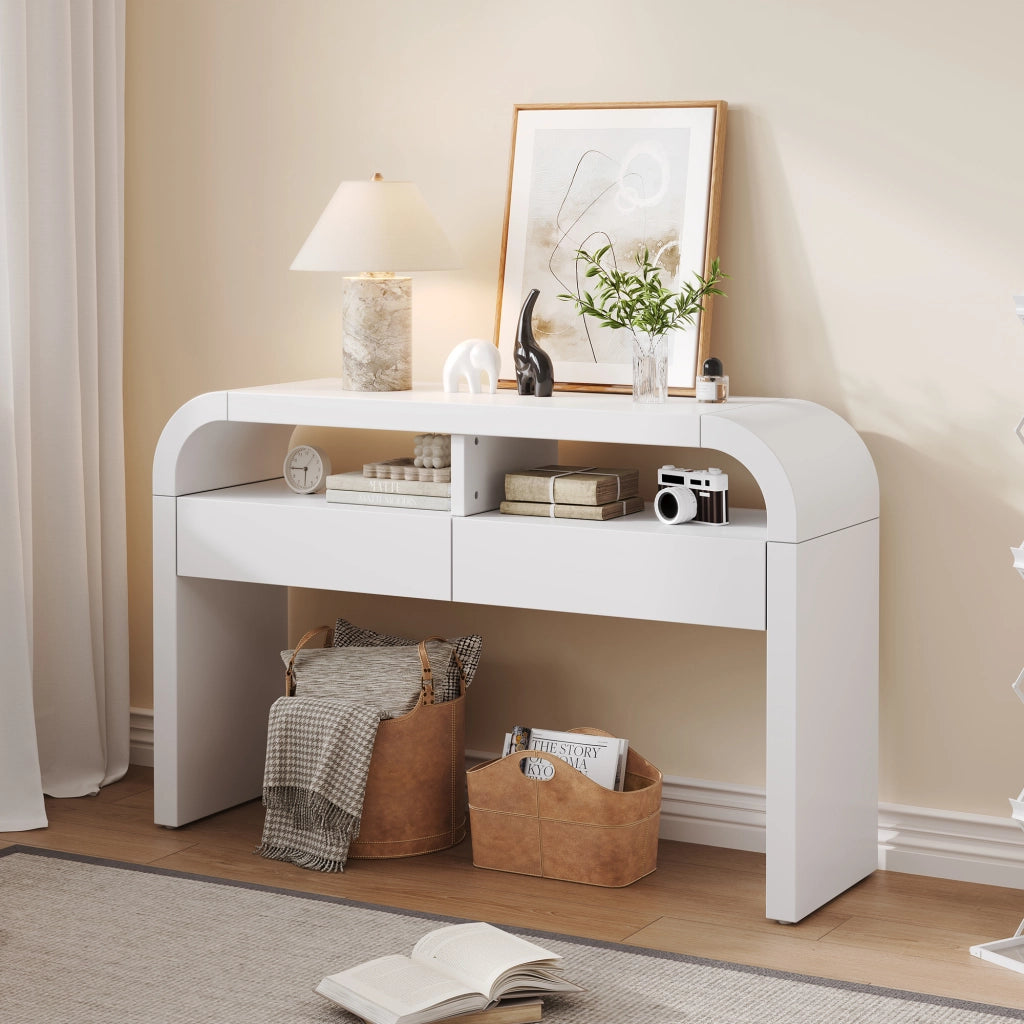 Consolle con 2 cassetti e vani aperti, piedini regolabili, per ingresso e soggiorno, in MDF bianco 120 × 35,5 × 76,5 cm