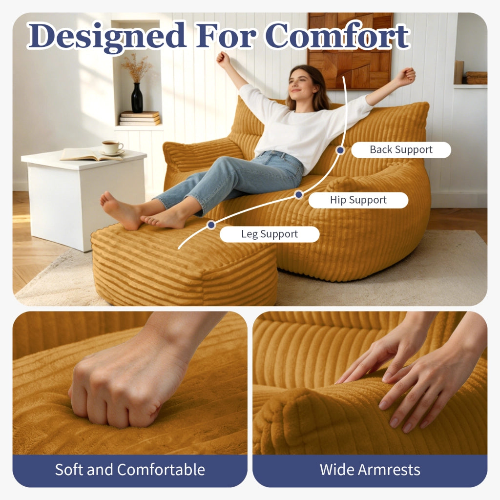 Poltrona pouf con poggiapiedi - design ergonomico e base antiscivolo - flanella - giallo