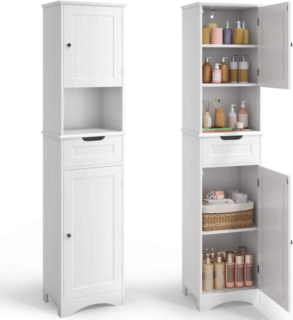 Mobiletto da Bagno Alto con Ripiani Regolabili, Cassetto, Scomparto Aperto, Porte Magnetiche e Protezione Antiribaltamento – 170 x 40 x 30 cm (Bianco)