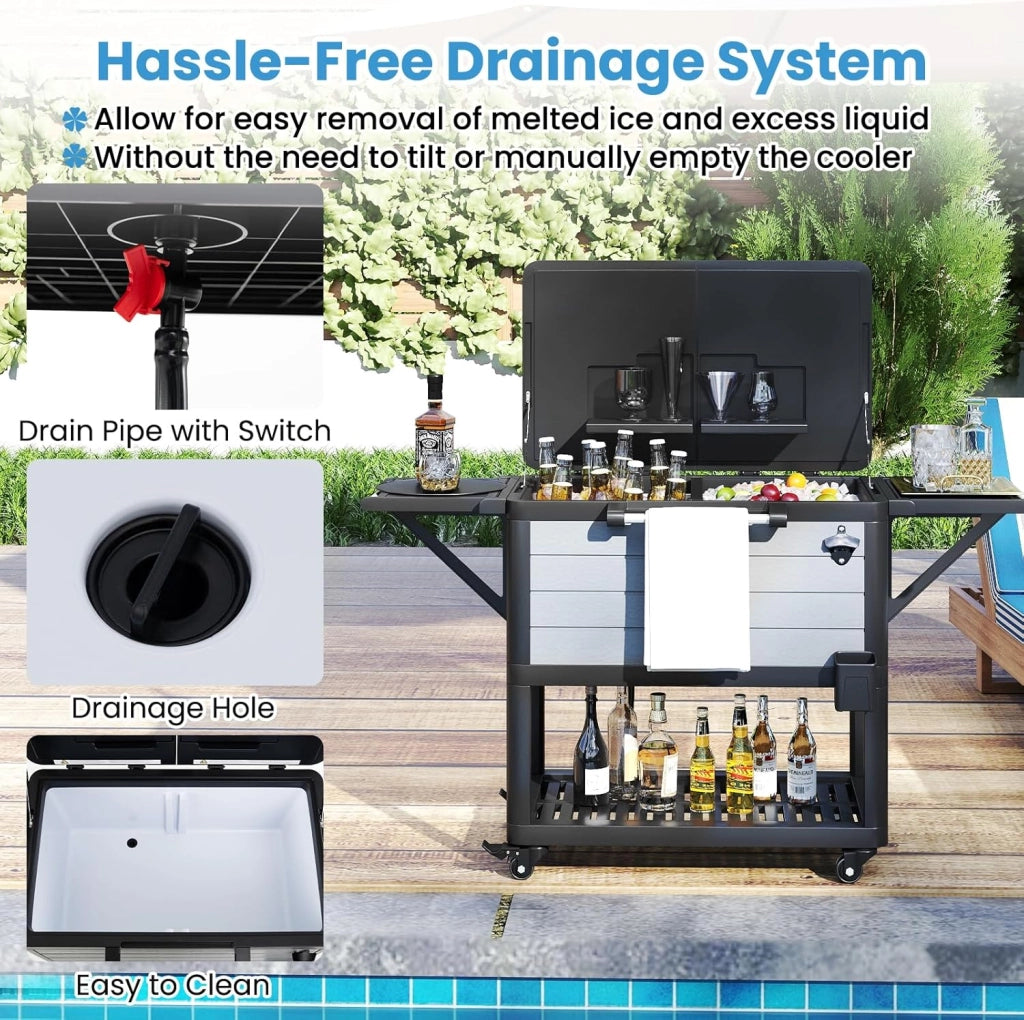 Cassettiera per rotelle, 91 l, bar, per esterni, mobile, 83 x 50 x 85 cm, con separatore rimovibile, 2 ripiani laterali pieghevoli, 4 ruote universali, per giardino, terrazza, piscina