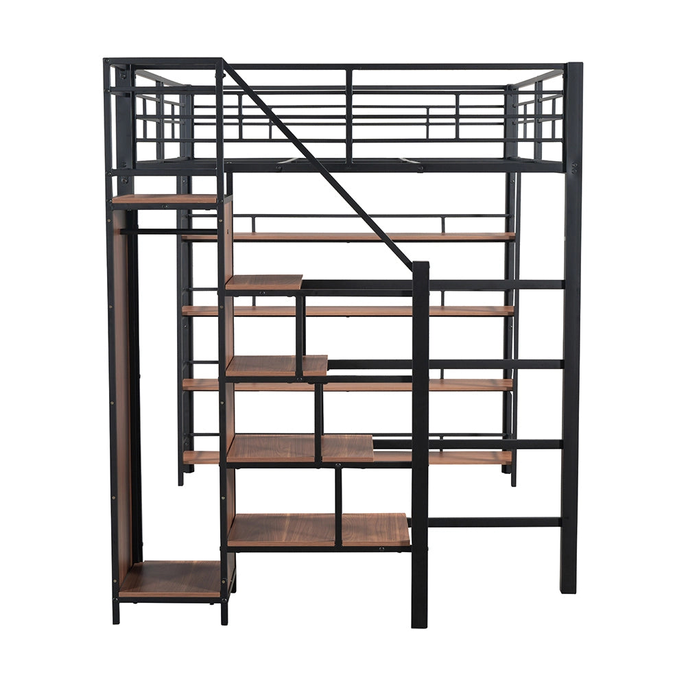 Letto per bambini con telaio in metallo - Xylo - 140x200 cm - Nero - Con ripostiglio e armadio