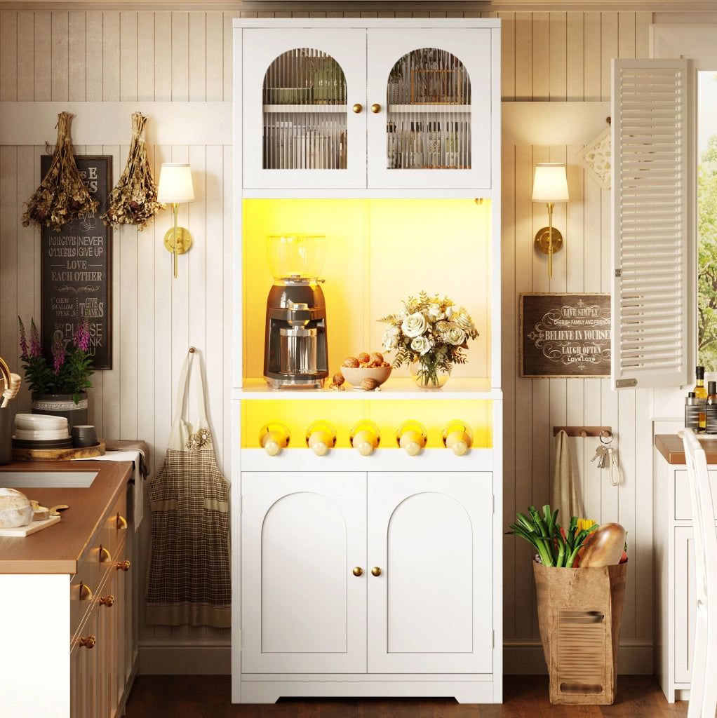 Mobile buffet alto 180 cm bianco con LED RGB e portabottiglie