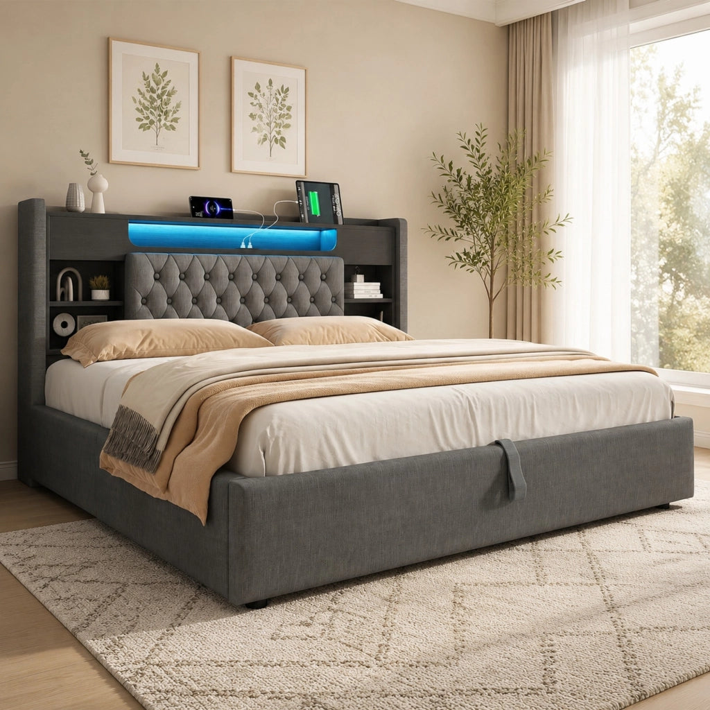 Letto matrimoniale 160x200 cm in lino grigio con LED, porte USB e contenitore