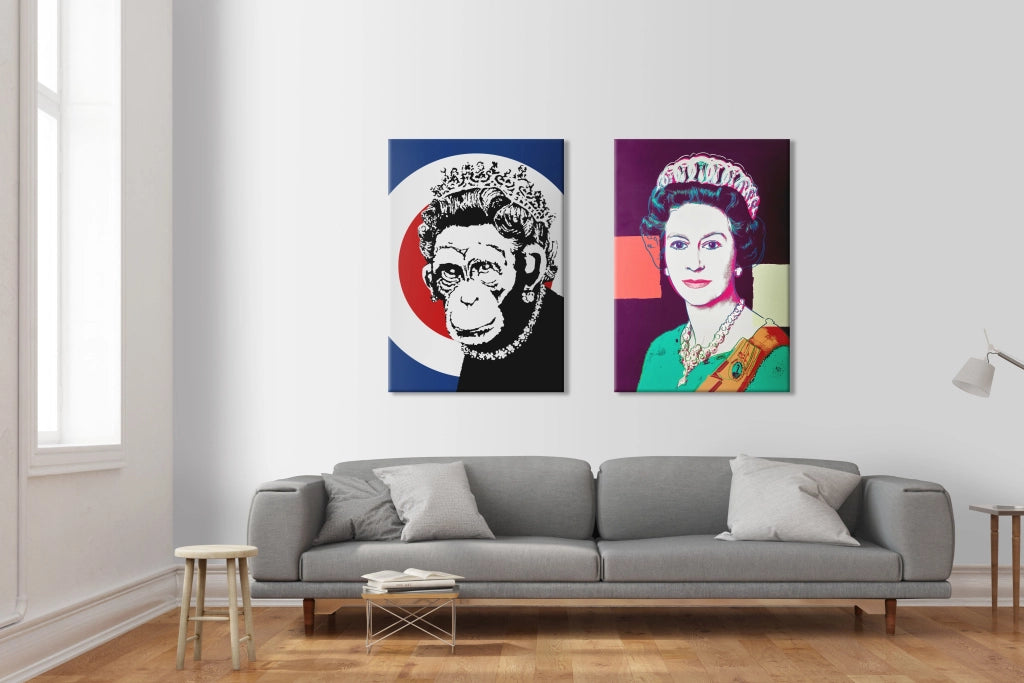 Monkey Queen - Banksy - Quadro stampato su Canvas e montato su telaio in legno Misura: 100x140 cm