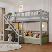Lit superposato per bambini - Xylo - 90x200 cm - Legno massiccio - Grigio - Scala e armadio di stoccaggio