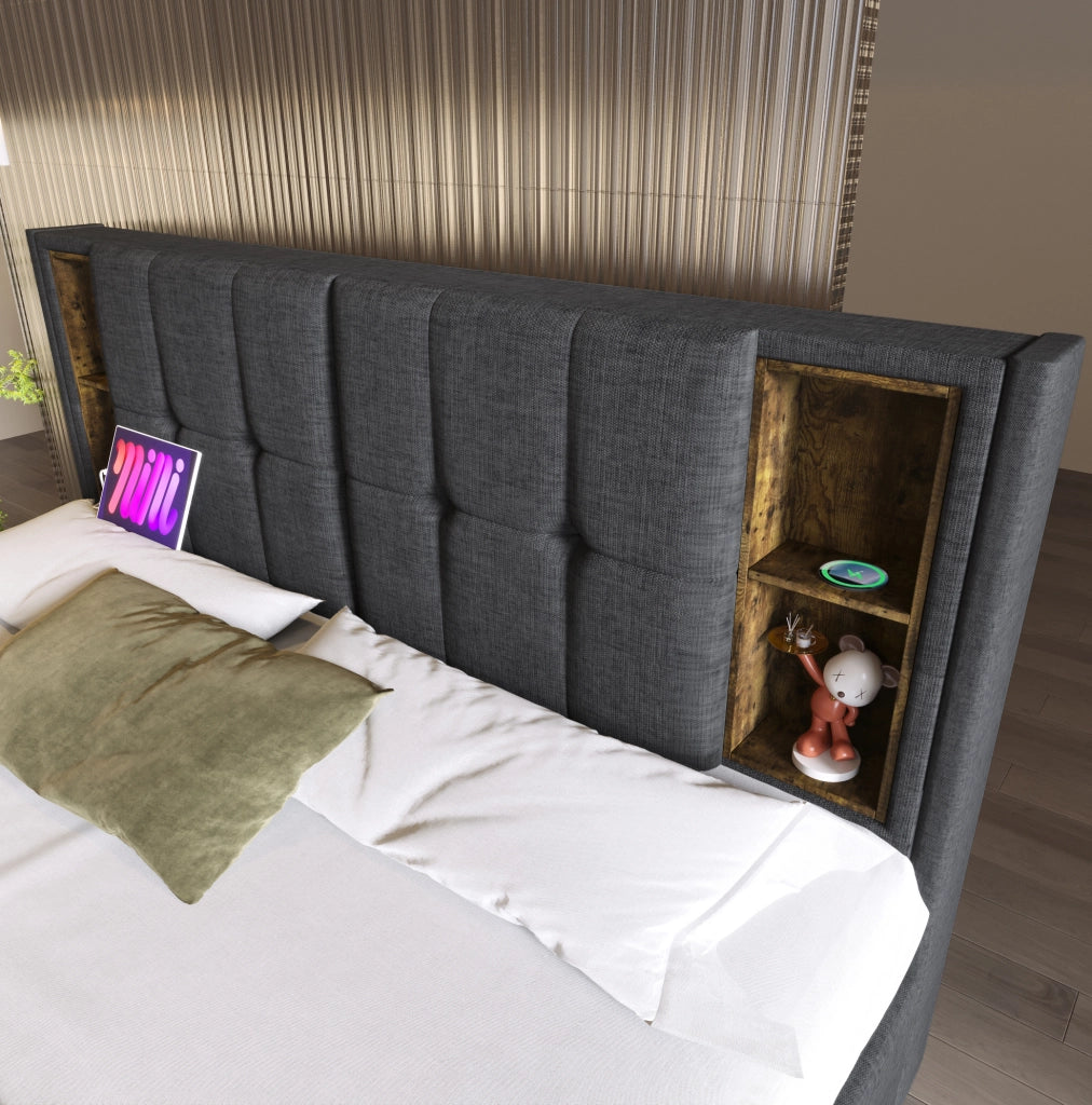 Letto matrimoniale 160x200 cm in lino grigio con ricarica wireless; USB e 4 cassetti
