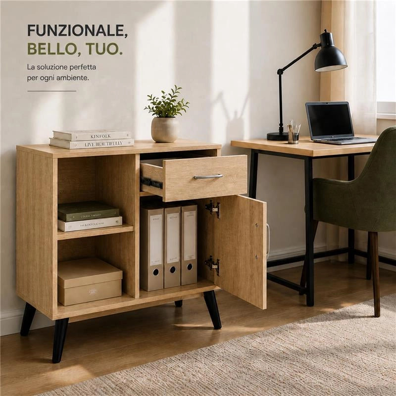MOBILE MODERNO IN LEGNO CON 2 RIPIANI, 1 ANTA E CASSETTO COLORE ROVERE DIMENSIONI 94X38X74 CM