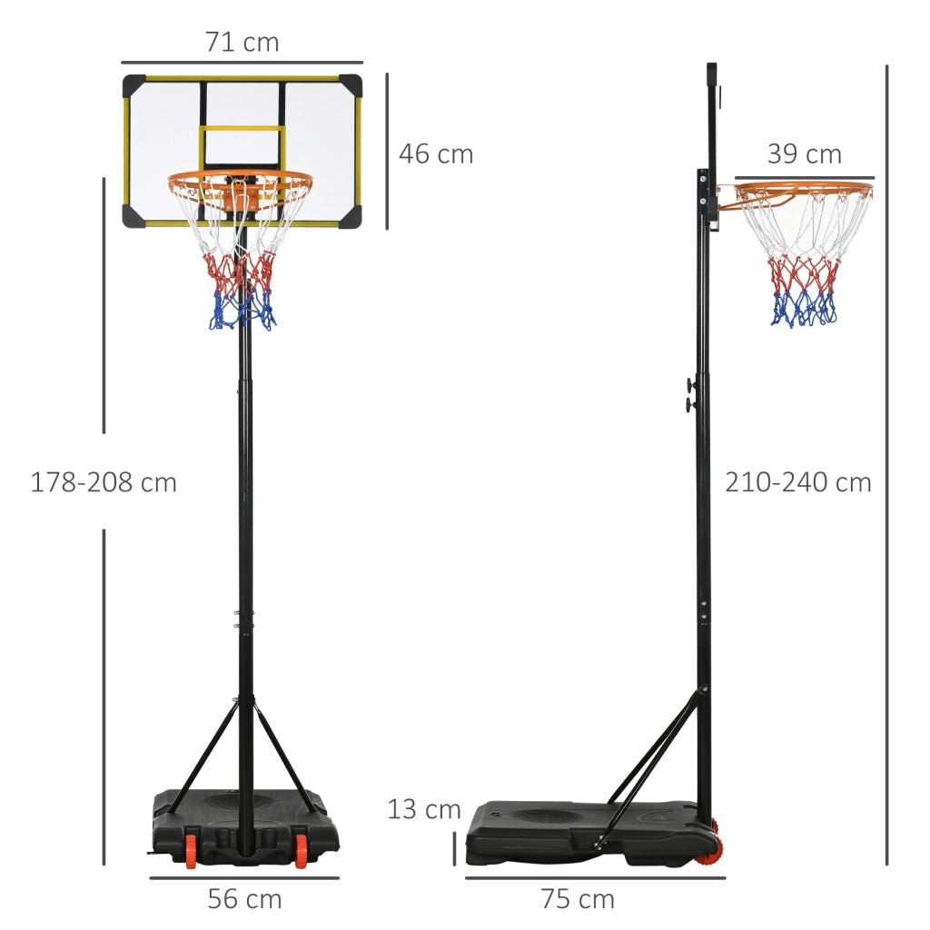 Canestro Basket da Esterno Ruote e Base Riempibile Altezza Regolabile 2,1-2,4 m Giallo