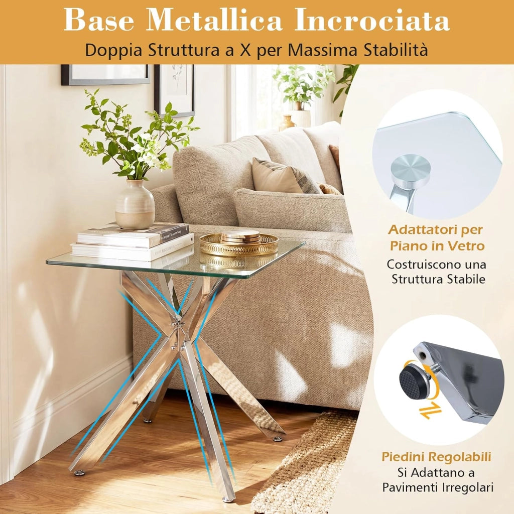 Tavolino Laterale in Vetro, Tavolino Moderno Quadrato con Piano in Vetro Temperato e Base a X in Metallo, Tavolo per Spazi Ristretti, per Soggiorno e Camera da Letto