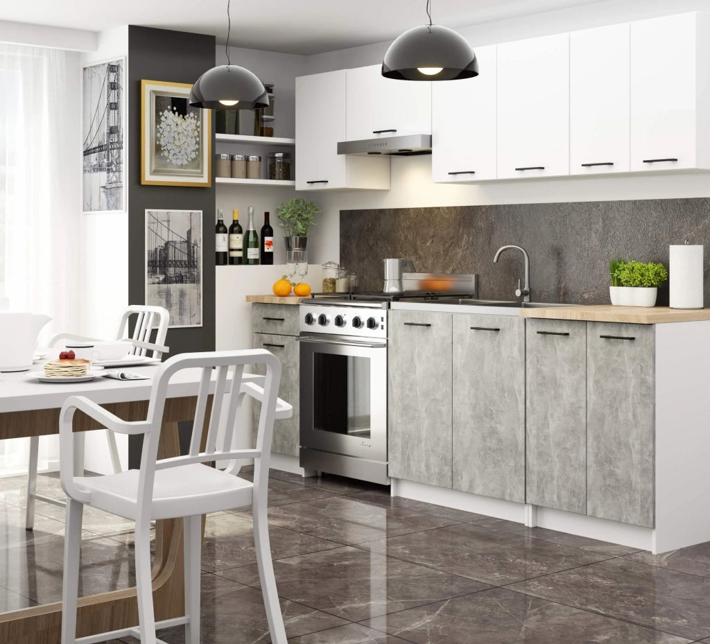 AKORD Set di Mobili da Cucina OLIWIA 240 cm Bianco 240 cm 11 ante 1 cassetto inserto frontale Cemento 240x46x203 cm