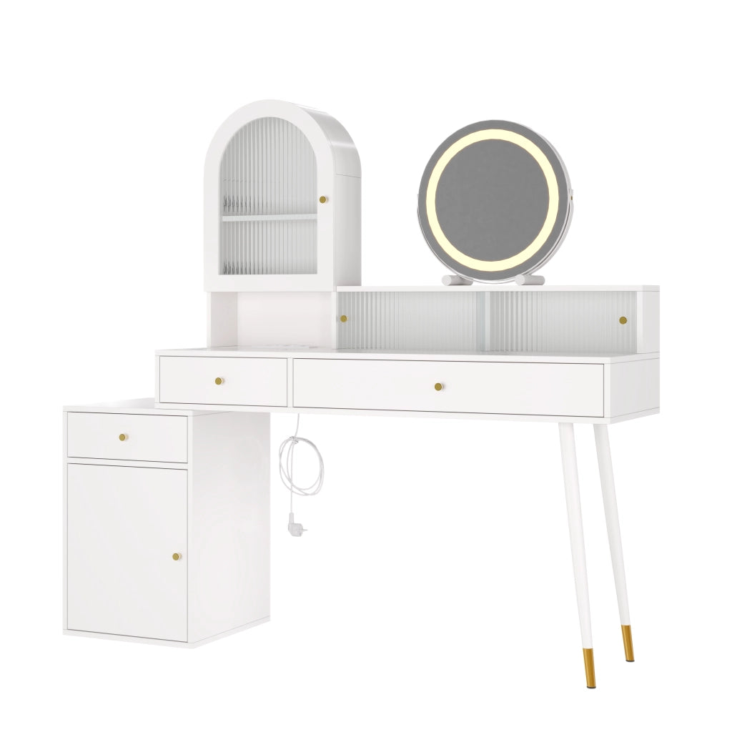 Toeletta con 3 cassetti; specchio LED; USB e Type-C - per camera da letto - bianco - 140x40x140 cm
