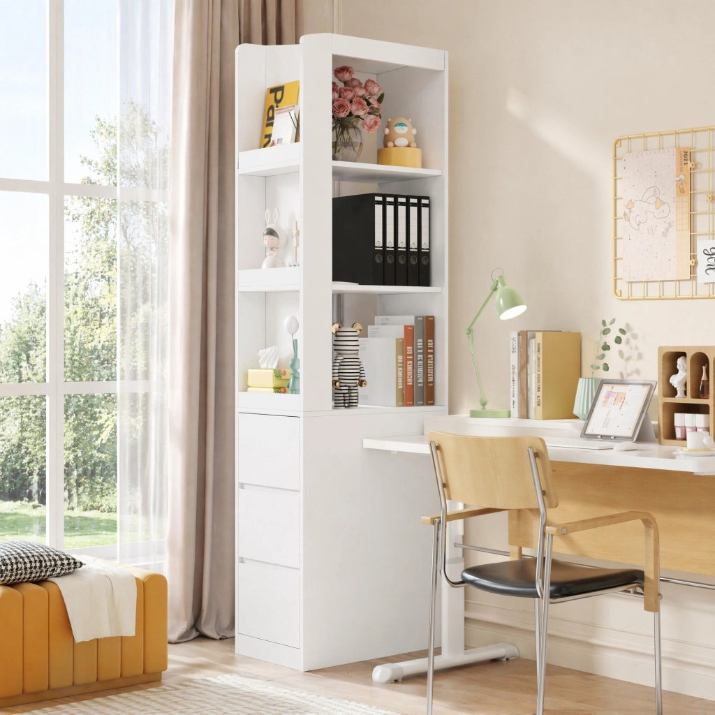 LIBRERIA stretta alta 200 cm bianca con 3 vani aperti e 3 cassetti