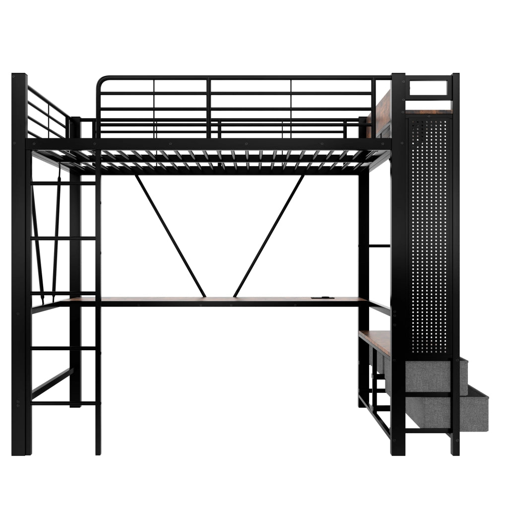 Letto a soppalco 90x200 cm con scrivania e 4 cassetti; in metallo e MDF nero; LED e USB-C per camera da letto