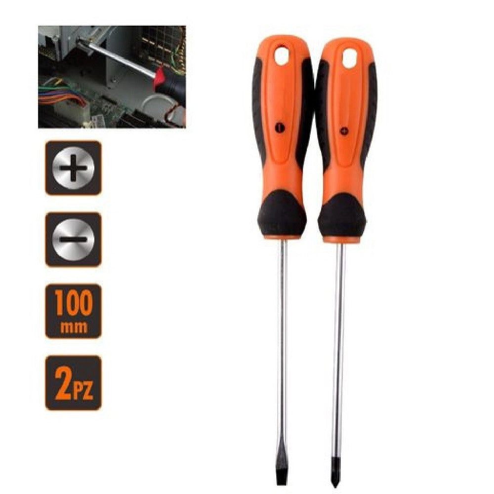 Trade Shop - Set 2 Pz Cacciavite Giraviti Con Punta Magnetica A Taglio E A Croce 100 Mm 97188 -